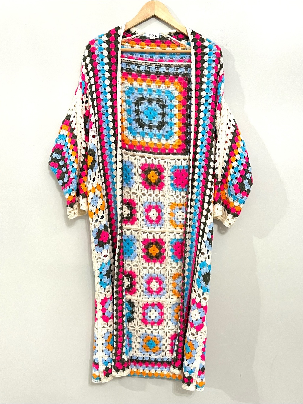 POL Colorful Granny Square Crochet Long Duster Cardigan one size boho